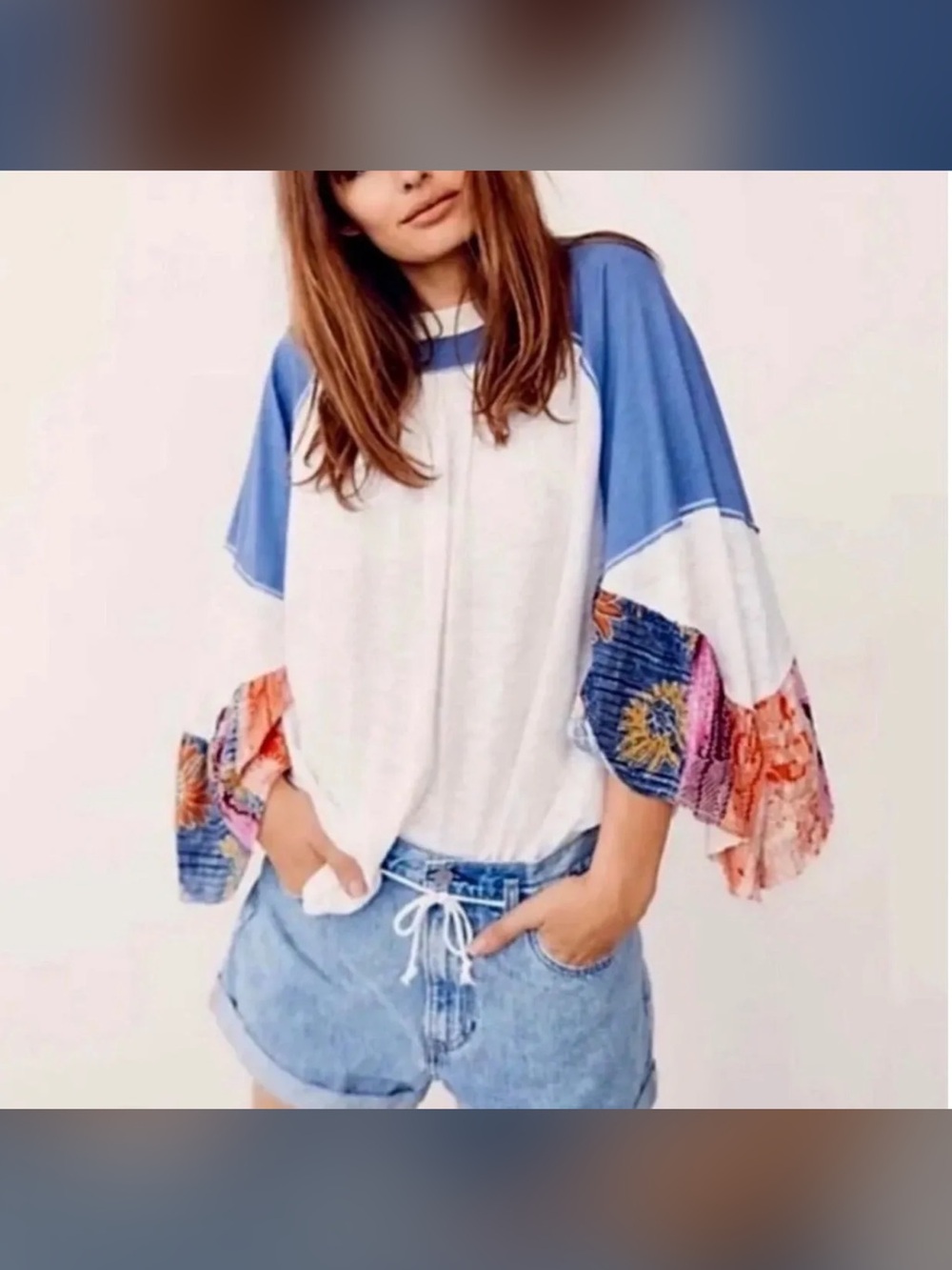 We The Free Blue and White Colorblock Long Sleeve Top